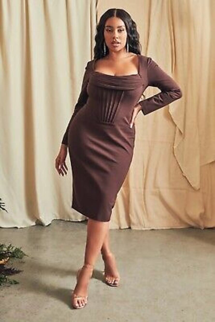 Lavish Alice corset bodycon brown midi dress size 16